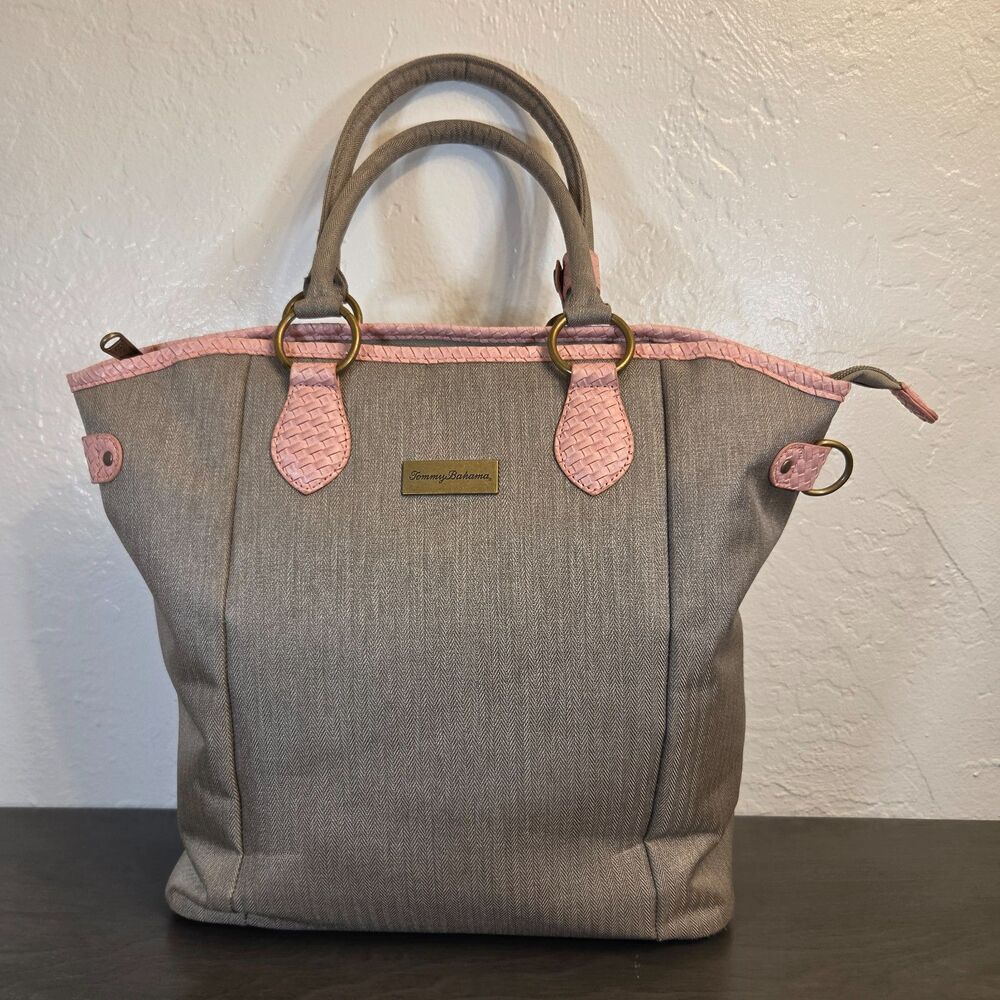 Tommy Bahama Royce Travel Tote Bag Herringbone Pattern Tan / Gray Pink, w Stain